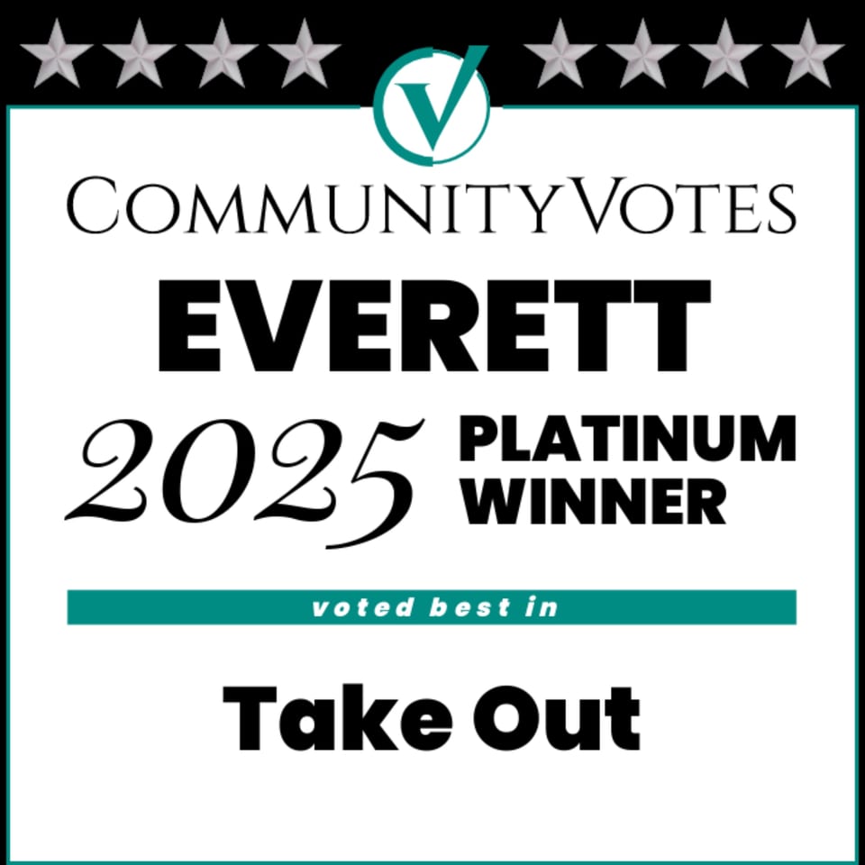 Community Votes Everett 2025 Platinum Winner for Best Take Out award certificate.