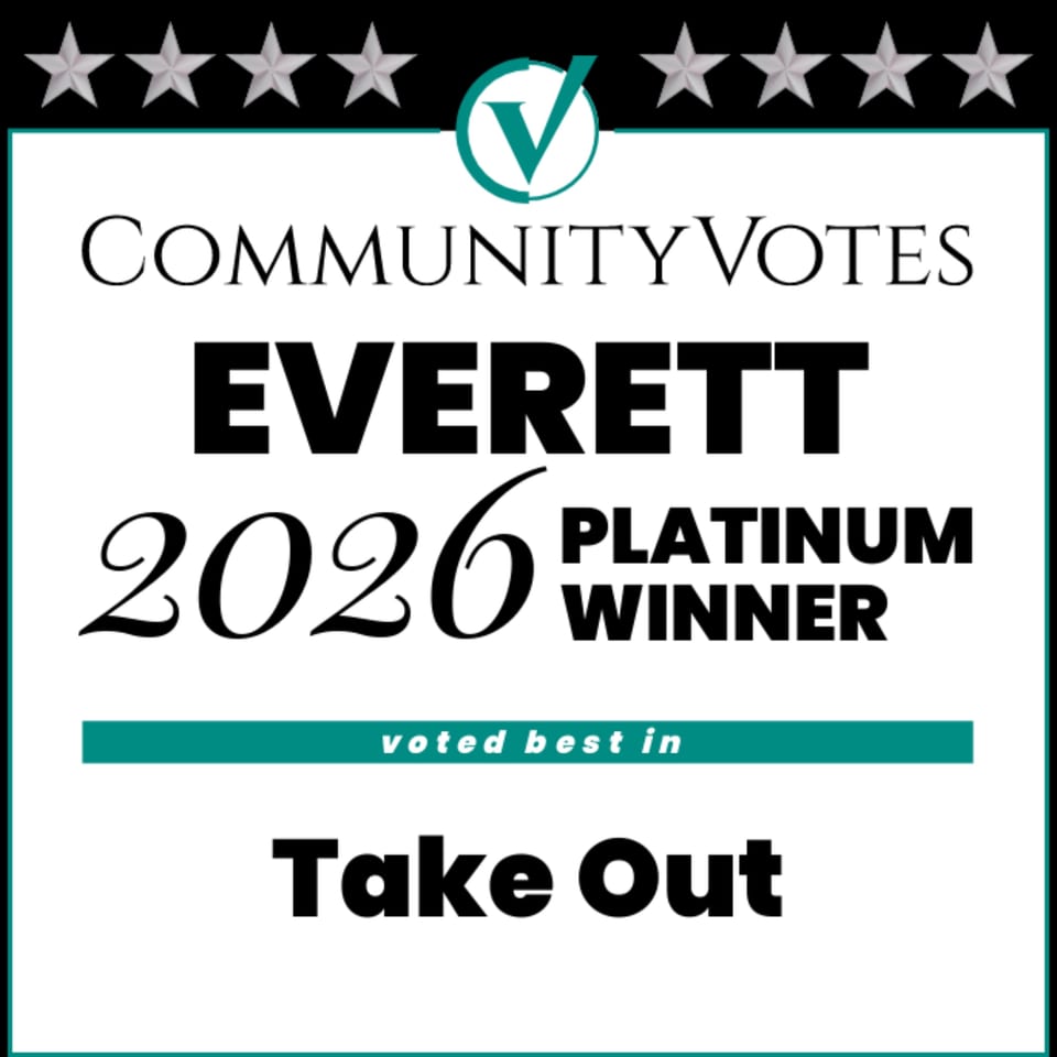 Award graphic: Community Votes Everett 2026 Platinum Winner for best Take Out.