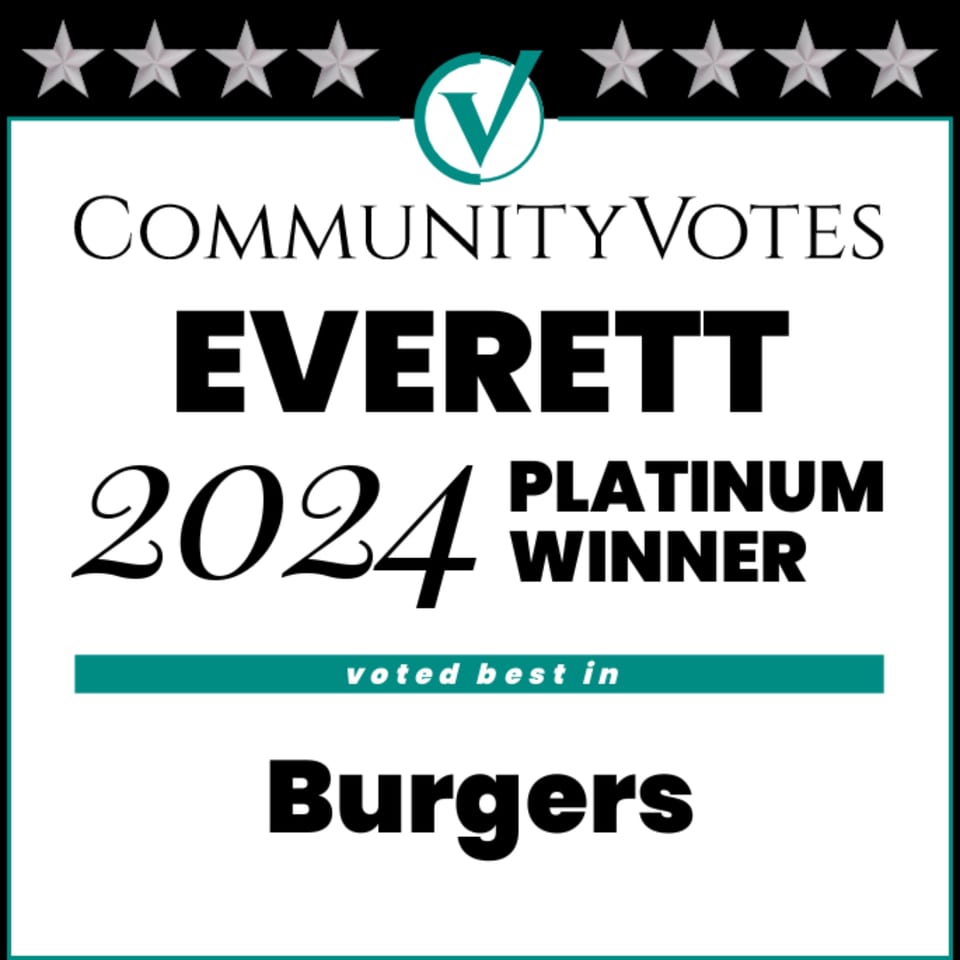 Community Votes Everett 2024 Platinum Winner badge, voted best in Burgers, with stars above.