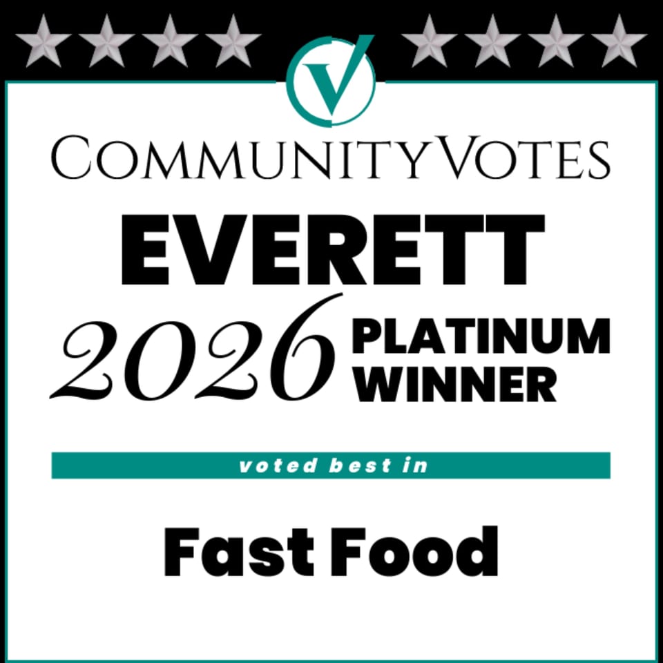 Community Votes Everett 2026 Platinum Winner badge for Best Fast Food, featuring stars and a checkmark logo.