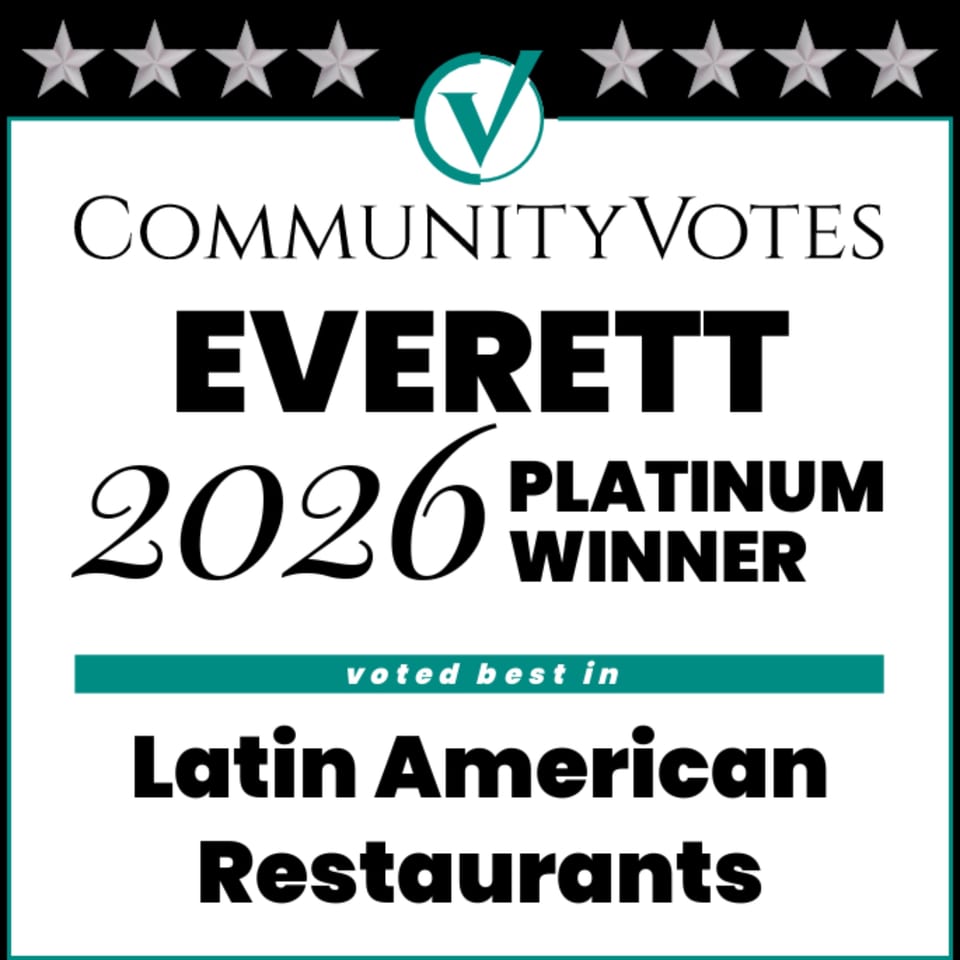 Community Votes Everett 2026 Platinum Winner badge for best Latin American Restaurants.