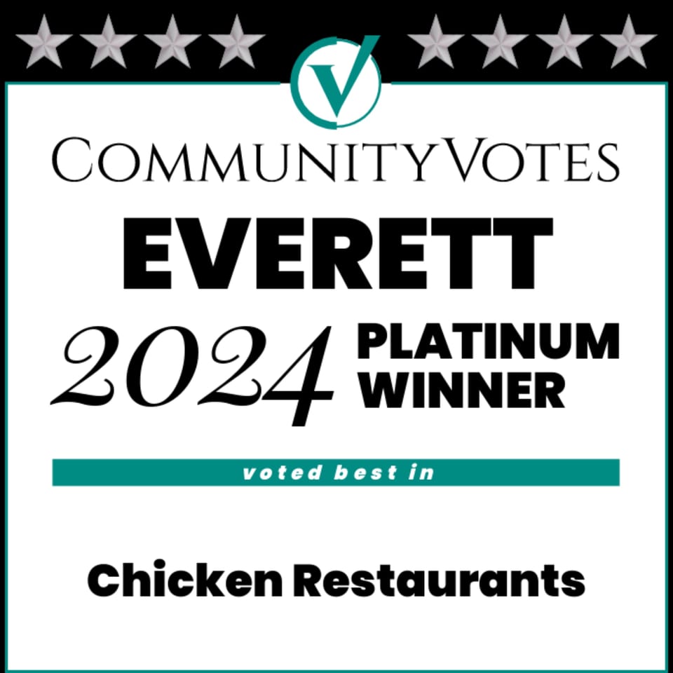 CommunityVotes Everett 2024 Platinum Winner badge for That Chicken Place, voted best in Chicken Restaurants.
