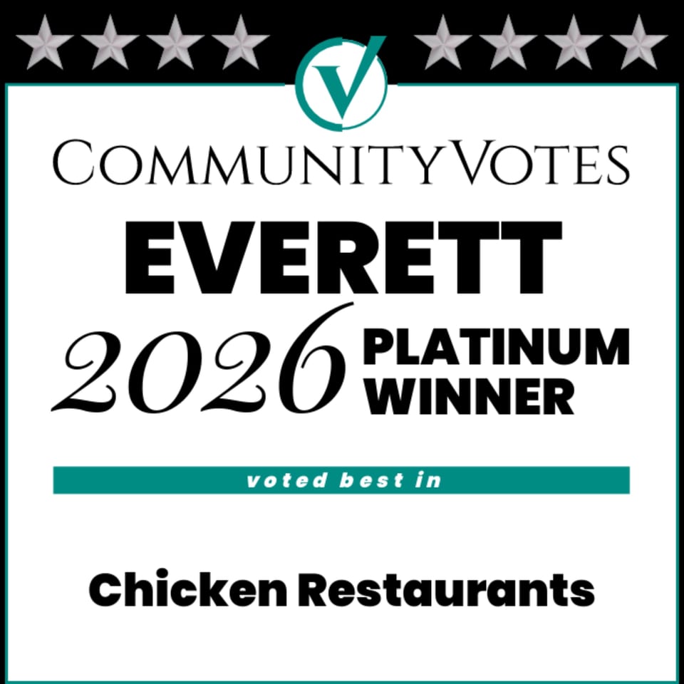 Community Votes Everett 2026 Platinum Winner graphic for best Chicken Restaurants.
