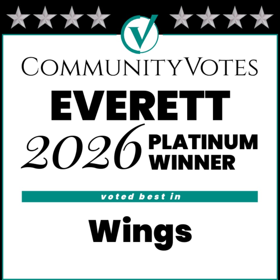 Community Votes Everett 2026 Platinum Winner badge for best Wings.