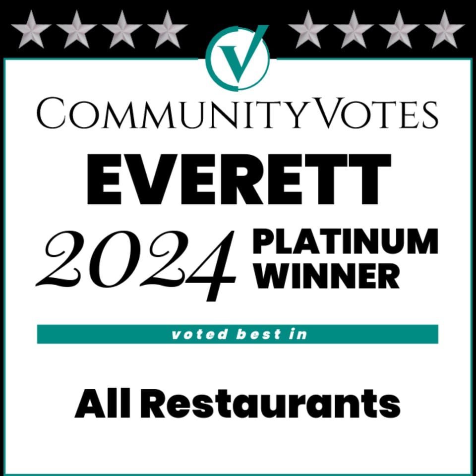 A white and teal award certificate for Community Votes Everett 2024 Platinum Winner, voted best in All Restaurants.
