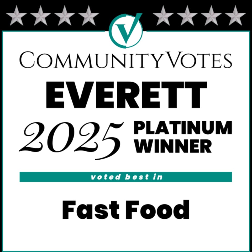 Community Votes Everett 2025 Platinum Winner badge for Best in Fast Food, with stars and a checkmark logo.