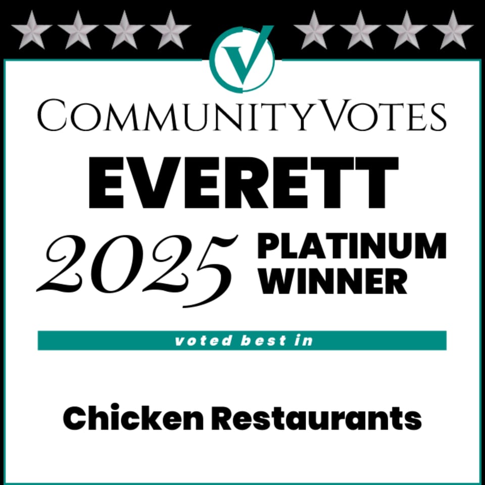 Community Votes Everett 2025 Platinum Winner, voted best in Chicken Restaurants award graphic.