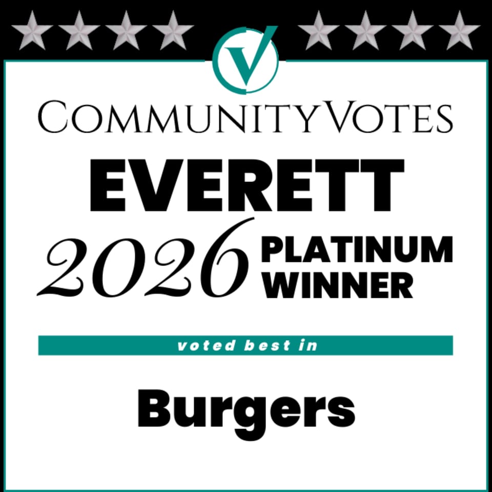 Award graphic: Community Votes Everett 2026 Platinum Winner for best Burgers.